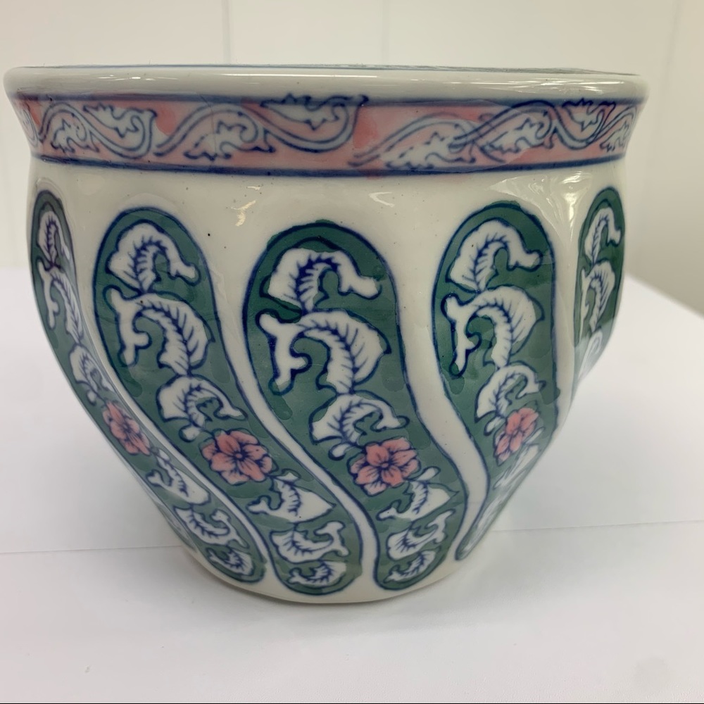 Oriental Chinese Planter Green Pink Blue Greek Key Print